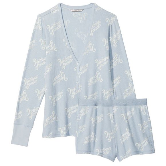 L VS Thermal Short PJ Set Blue w/ Victoria's Secret Script NWT Cute Adorable - Picture 6 of 9
